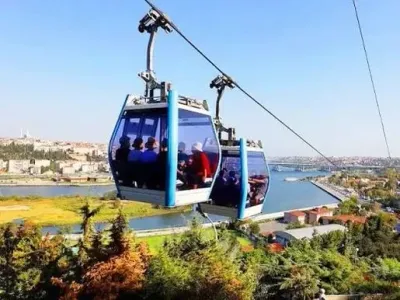 A cable car ascending toward Pierre Loti Hill above the Golden Horn